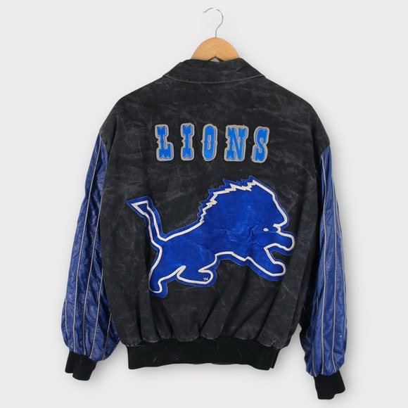 Rare Vintage Detroit Lions JH Design Varsity Jacket Black‎ Blue Suede Leather L